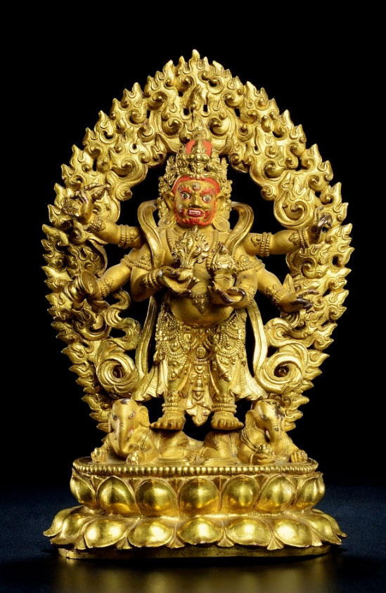 Statue of White Mahakala with copper gilding, 17th to 18th century